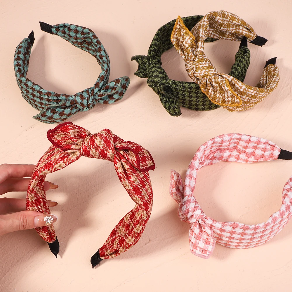 

Vintage Houndstooth Print Bow Hair Band For Women Girls Elegant Wide Hairband Plaid Top Knot Headband Headwear Hair Accessories