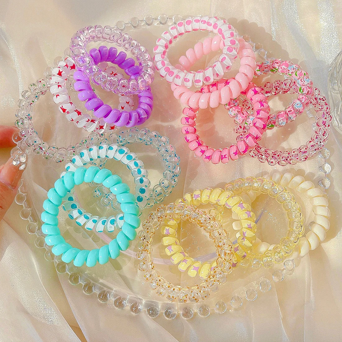 

6PCS Telephone Line Hair Bands Rubber Band Hair Scrunchies Girls Headwear Hair Ties Ponytail Holders Hair Accessories Ornaments