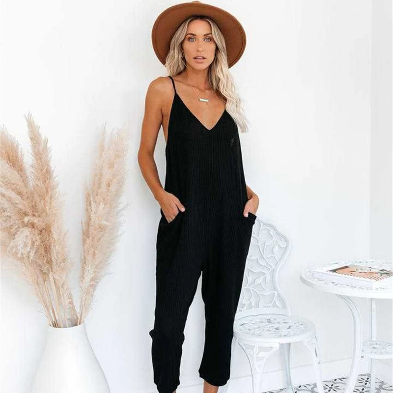 Elegant Jumpsuit Women Summer 2022  Solid Strappy V-Neck Pants Trousers Sexy Sleeveless Slim Homewear Beach Vacation Jumpsuit
