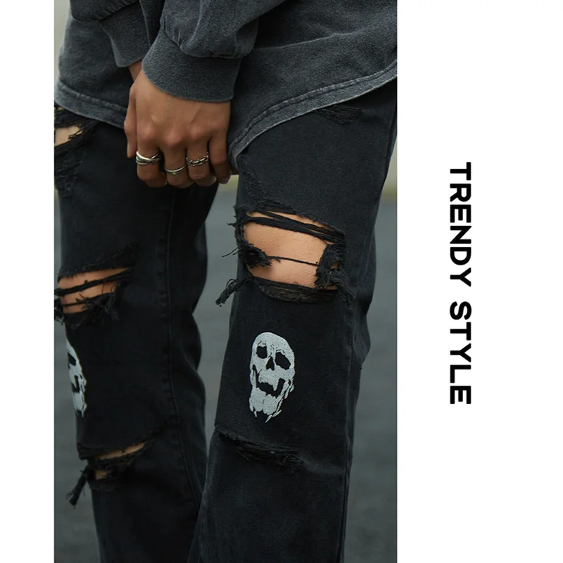 Streetwear Men 2022 Autumn New Skull Print Pattern Self-cultivation Elastic Force Straight Pants Blue Recreational Jeans Female