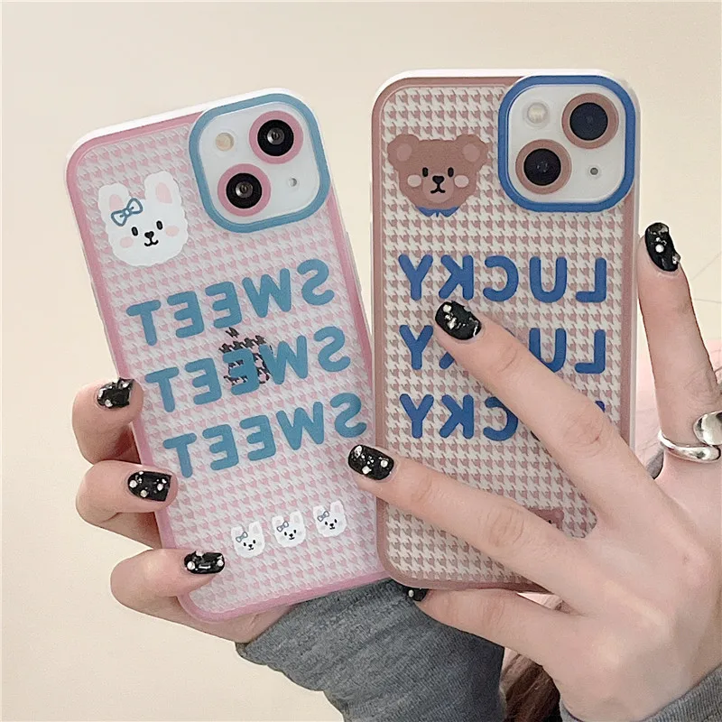 

Fashion Retro Plaid Bear Sweet Phone Case for iPhone 11 12 13 Pro Max X Xs XR 7 8 Plus Soft Cover For iPhone case