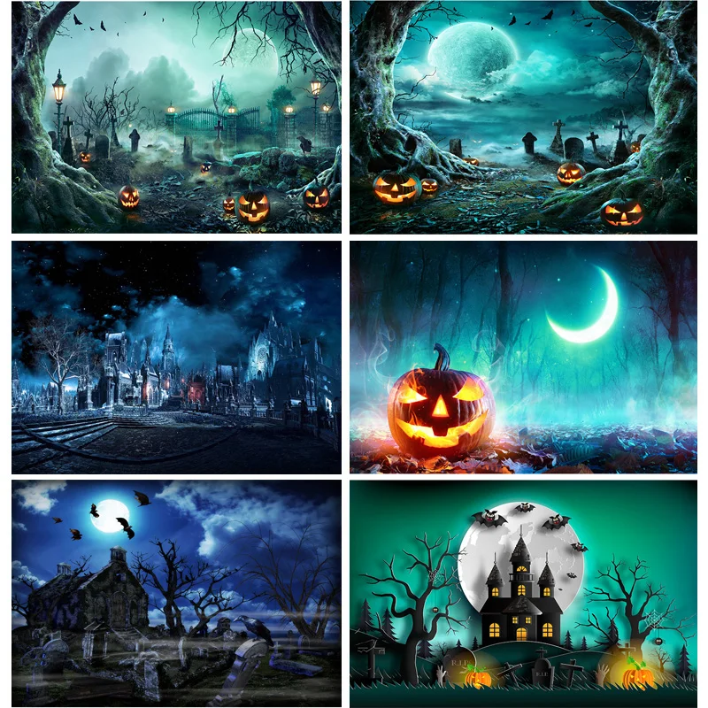 

Halloween Backdrop Pumpkin Lantern Castle Forest Moon Tombstone Baby Photography Background For Photo Studio Props 21802 WS-17