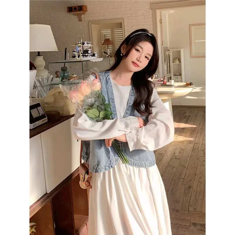 Весенне-осенний джинсовый жилет белое платье модный костюм-двойка женская