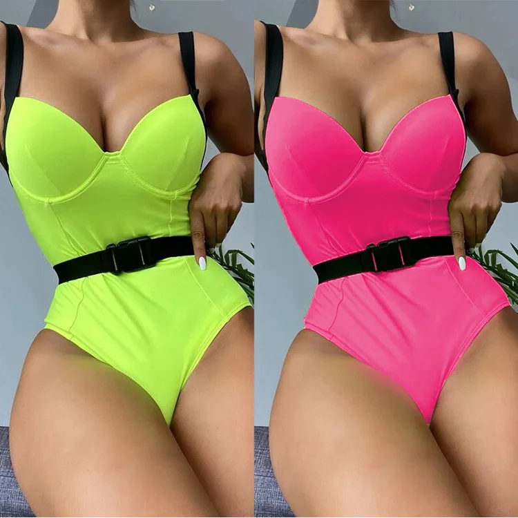 

2022 New One-Piece Swimsuit Amazon European and American Pure Color Bikini Belt with Steel Bracket Sexy Bikini