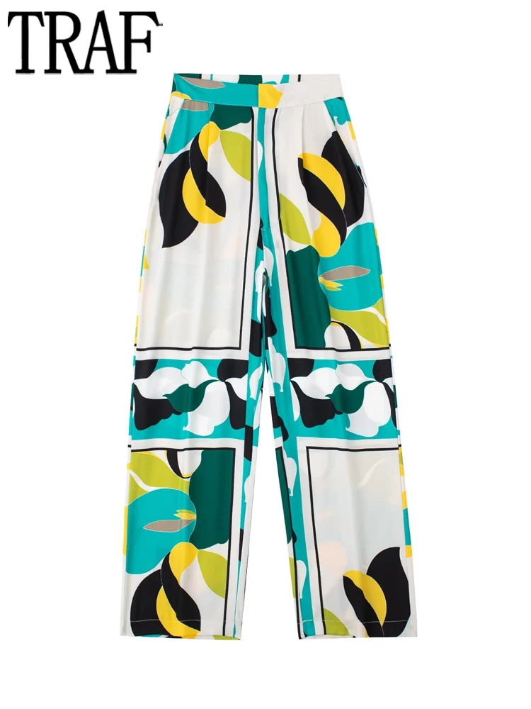 

TRAF Print Baggy Pants for Women Retro High Waisted Woman Trousers Autumn Wide Leg Pants Women Streetwear Casual Woman Pants Set