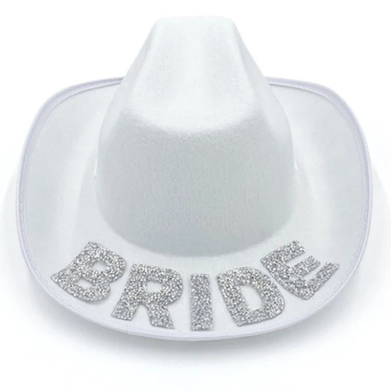 

40GC Cowboy Hat with Adjustable Strings Closure White Cowgirl Hat Rhinestones Letters Decorations for Men and Women