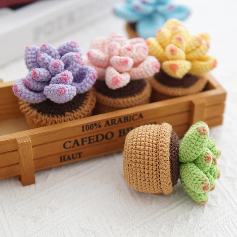 

Artificial Flowers Knitted Succulent Potted Plants DIY Hand Woven Crochet Wool Flowers Knitting Pot Plant Ornament