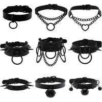 all black gothic punk leather choker necklace for women spike rivet heart bell belt collar necklace goth rock chocker cosplay