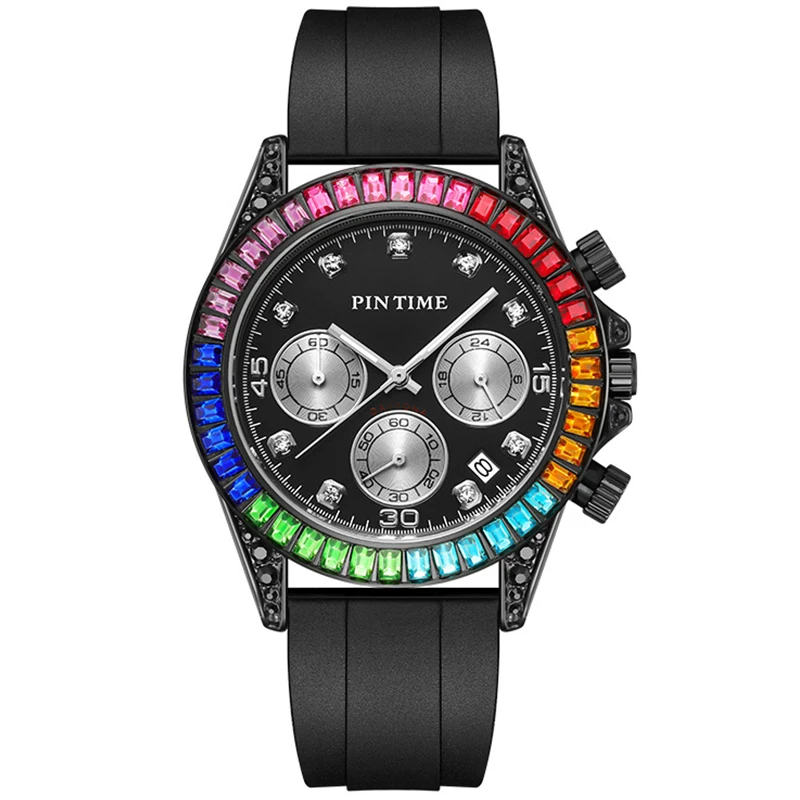

PINTIME Men Luxury Full Diamond Hip Hop Colorful Chronograph Silicone Watches Man Wrist Watch Clock Male Wristwatch Quartz Watch