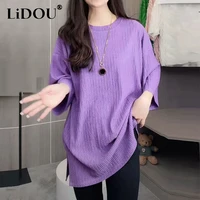summer fashion o neck solid color loose casual ruched slit irregular tee top women short sleeve all match t shirt female clothes