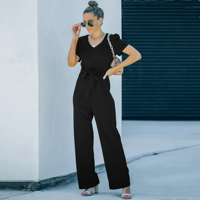 

European and American V-neck Short-Sleeved Jumpsuit Women's 2022 New Solid Color Casual Waist Tight Bell-Bottom Pants Trousers