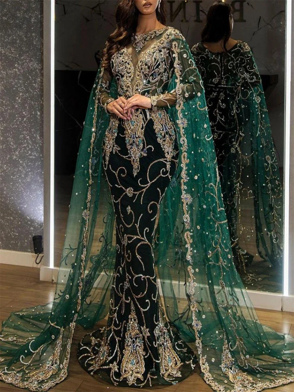 

Emerald Prom Ball Gown Long Sleeve Sparkling Luxury Evening Lady Dresses Lace Bridal Detachable Applique Gorgeous Mermaid Train