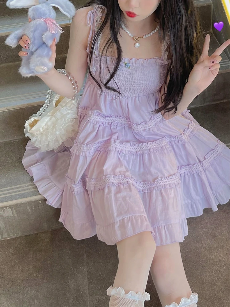 

Summer Bandage Bow Sweet Strap Dress Women Ruffle Flounce Fluffy Fairy Mini Dress Female Korean Fashion Cute Princess Dress 2022