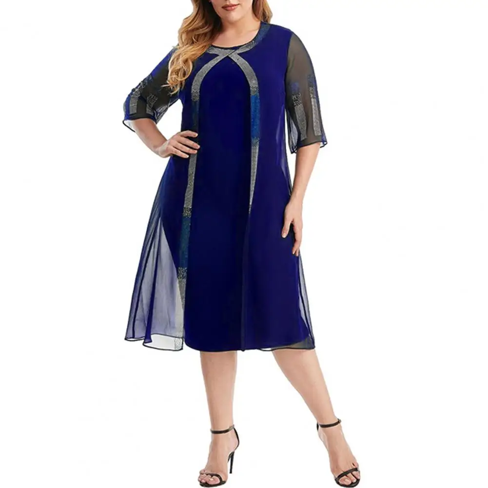 

Evening Dress for Women O-neck Half Sleeve Hot Drilling Decor Chiffon Cardigan Design Fake Two Pieces Gown Dress Party Workwear