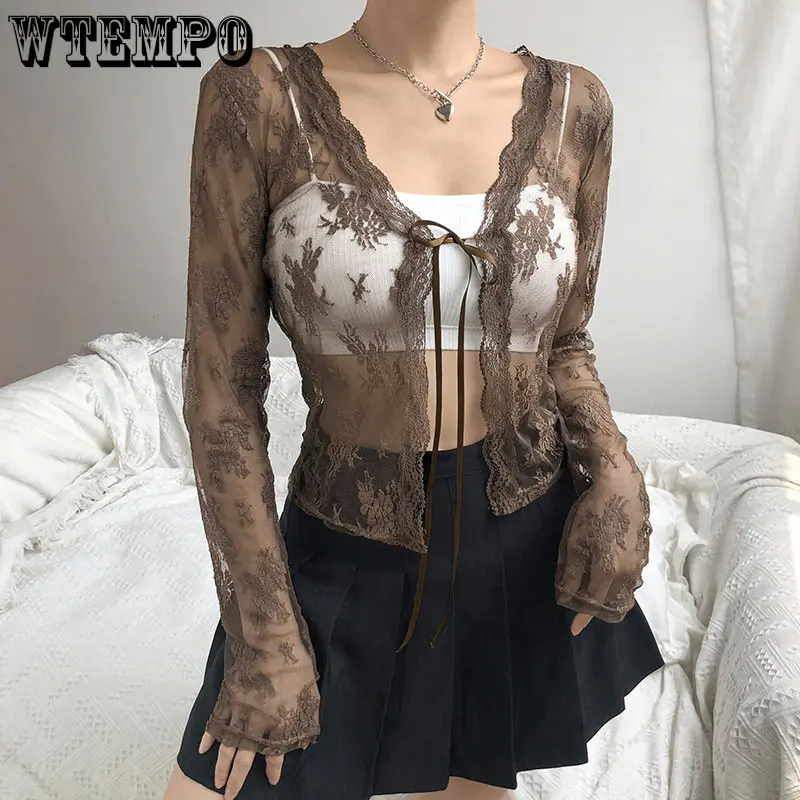 Women Sexy See Through Cardigans Y2K Long Sleeve Lace Mesh Lace Vintage Lace Tie Up Floral Crop Tops Streetwear Cardigans