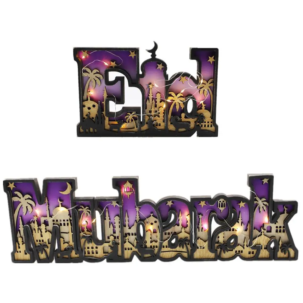 

Newest Wooden Decoration Ornament Eid Mubarak Letters Creative Carved Tabletop Decorations Shelf Shelf Seasonal Letter Shape