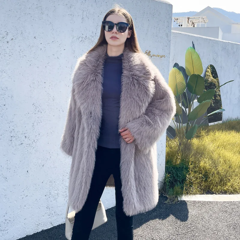 Winter Outerwear Furry Coat Women's Faux Fur Jacket Mid-length Suit Collar Loose Thick Warm Casual Jacket Long Artificial Fur Co