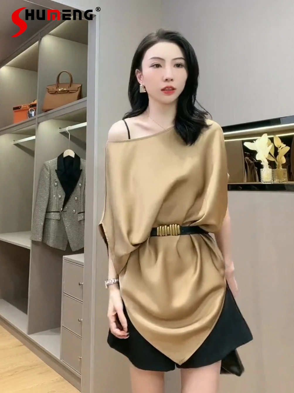

Women's Acetate Caramel Color Off-shoulder Mid-length Shirts 2022 Summer New Loose Irregular Slimming Pullover Top and Blouse