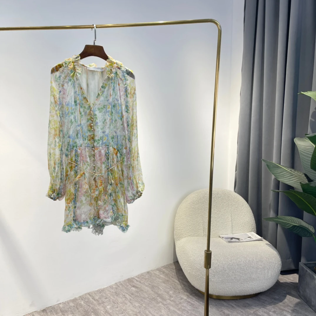 

Edible Tree Fungus Women Playsuits 2022 Summer Top Quality Crinkle Silk Blue Yellow Pink Floral Print Prairie Woman Clothing