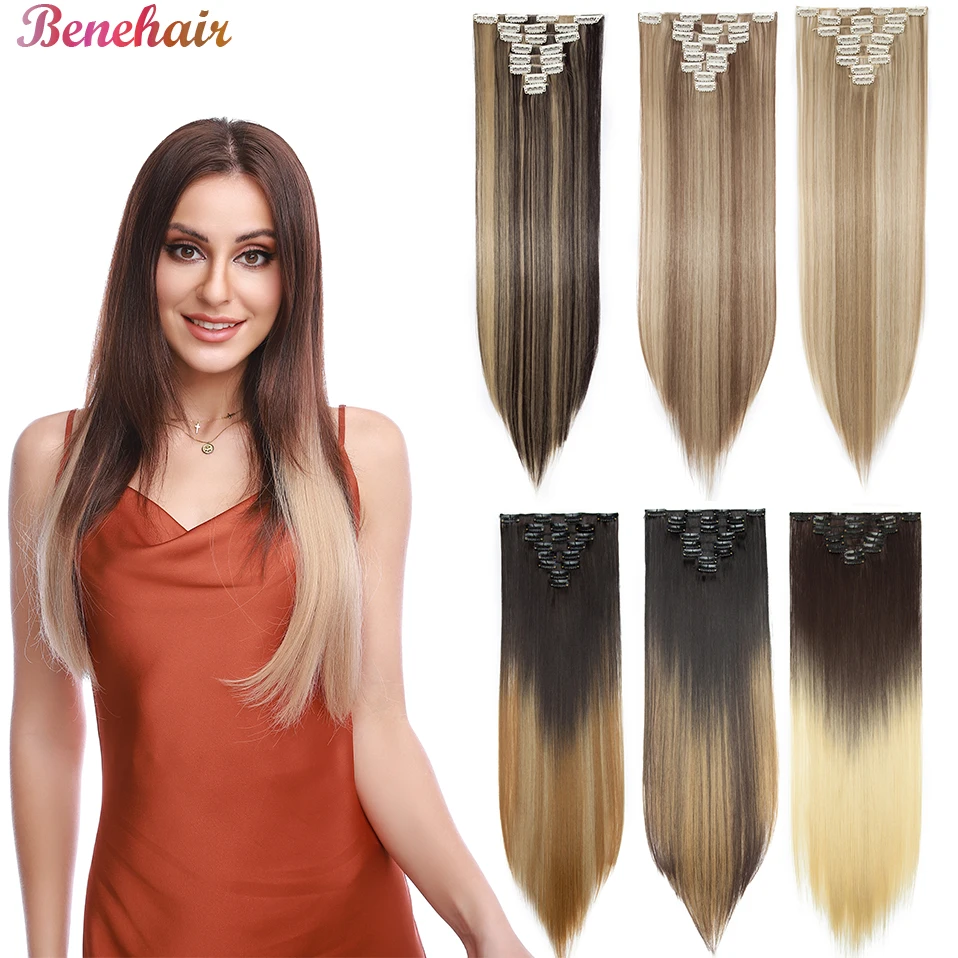 BENEHAIR Long Straight 26'' Clip In Hair Extensions 8Pcs/Set Hairpiece Synthetic Natural Black Dark Brown Ombre Color