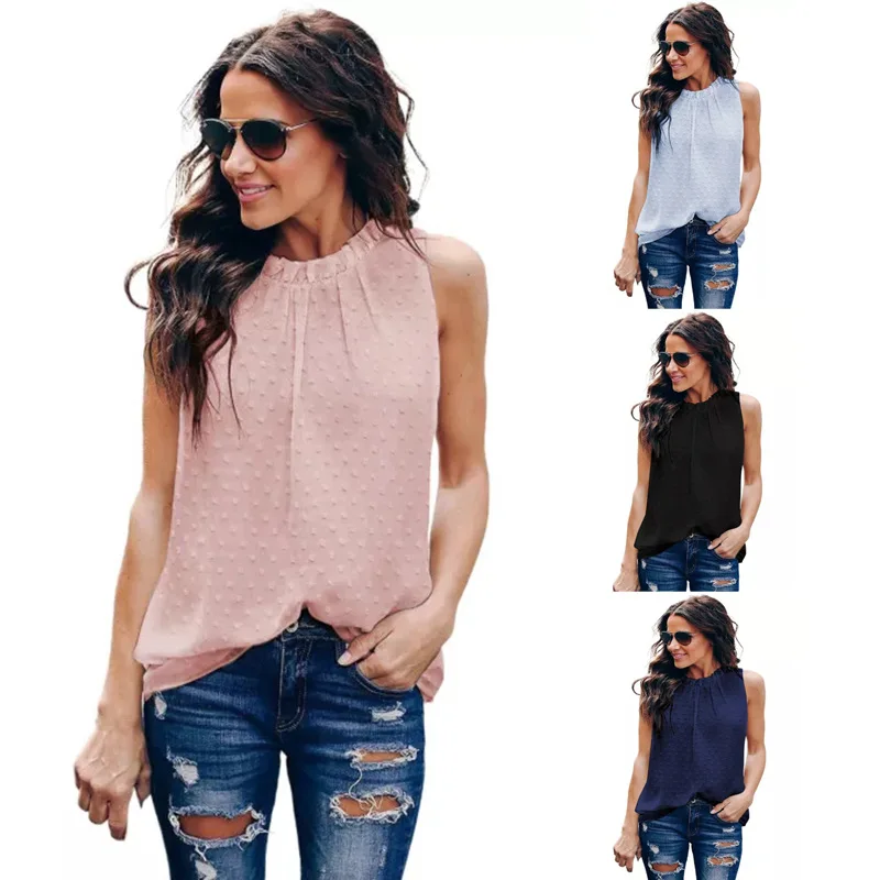 

Women's Sexy Shirts New Trend Casual Dot Jacquard Solid Round Neck Sleeveless Tank Top Summer Clothes Ladies Slim Pullover Top
