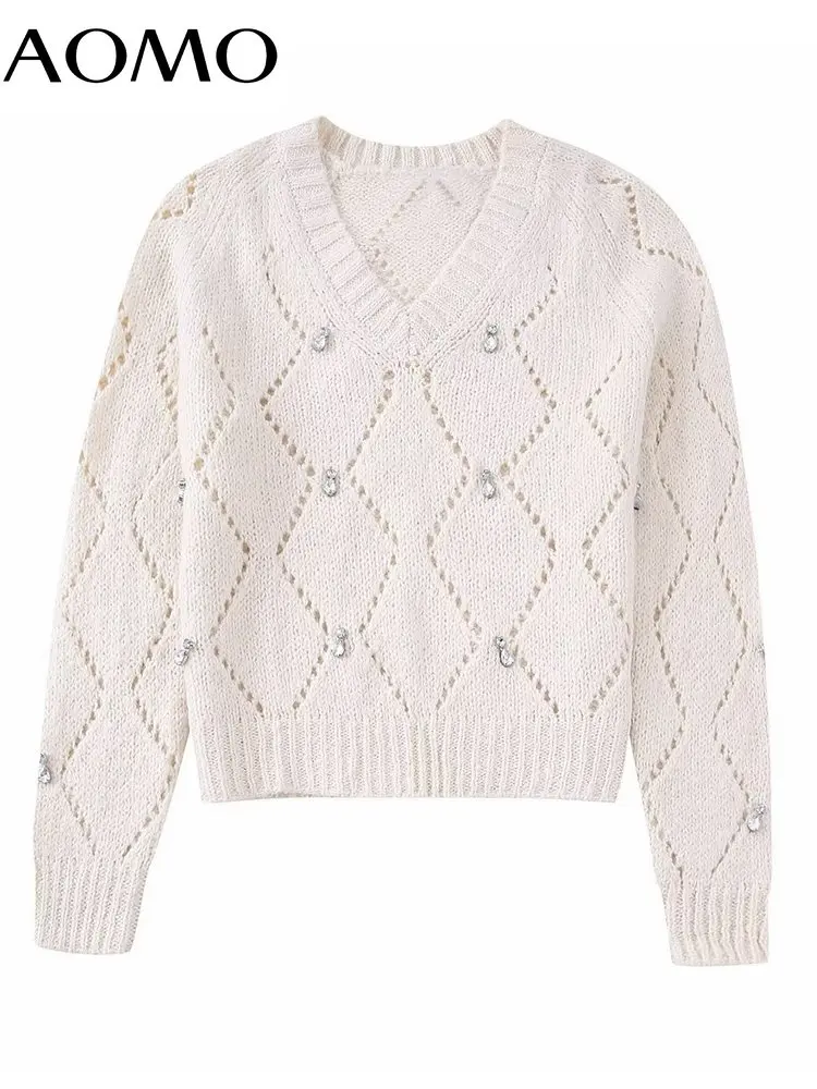 

AOMO Women Hollow Beaded Argyle Knit Sweater Vintage V Neck Long Sleeve Female Pullovers 3H271A