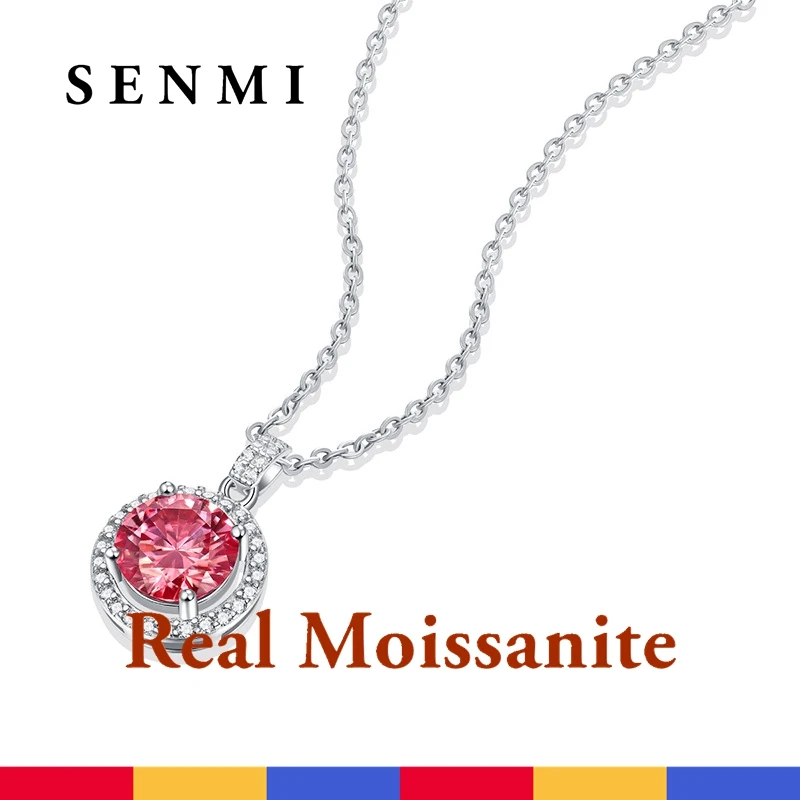 

Женское Ожерелье с бриллиантом SENMI, РОЗОВОЕ КРУГЛОЕ ожерелье с муассанитом 925 карат, подвеска из стерлингового серебра пробы с бриллиантовым ореолом, ожерелье в подарок