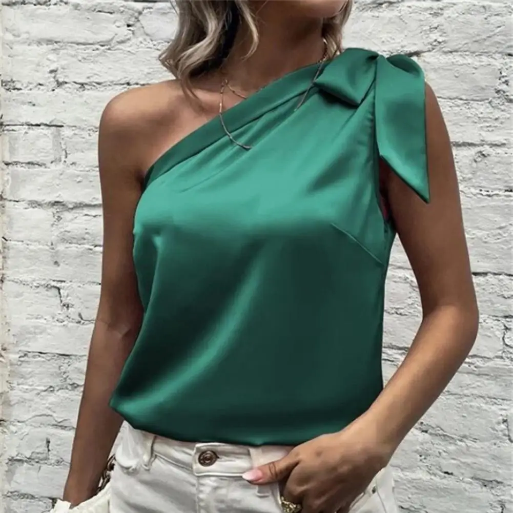 

Satin Silk Blouse Women Elegant Sleeveless Loose Vintage Tunic Women Designer Shirts Sexy Summer Off The Shoulder Top 2022