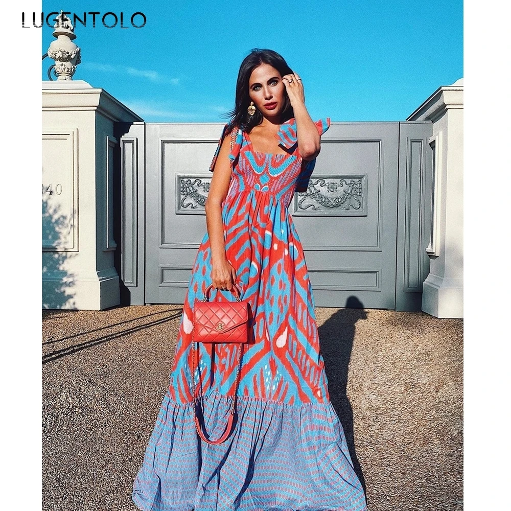 

Womens Maxi Dress 2022 Summer New Fashion Print Loose Sleeveless Big Swing Bow High Waist V-neck Casual Dresses