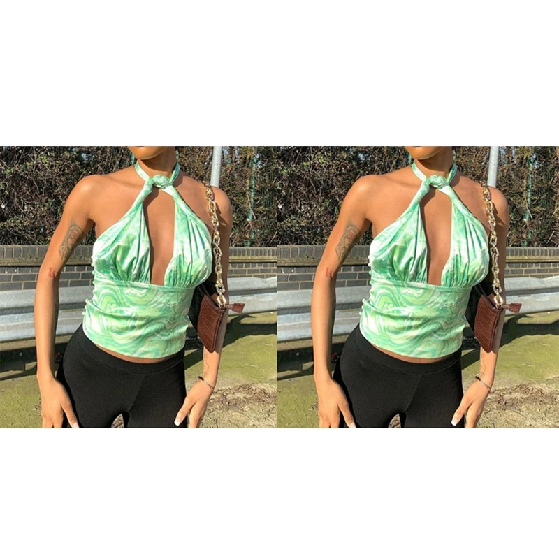 

Summer Sexy Backless Sleeveless Halter Top Women Printed V Neck Satin Crop Tops Ladies Fashion Elegant Streetwear