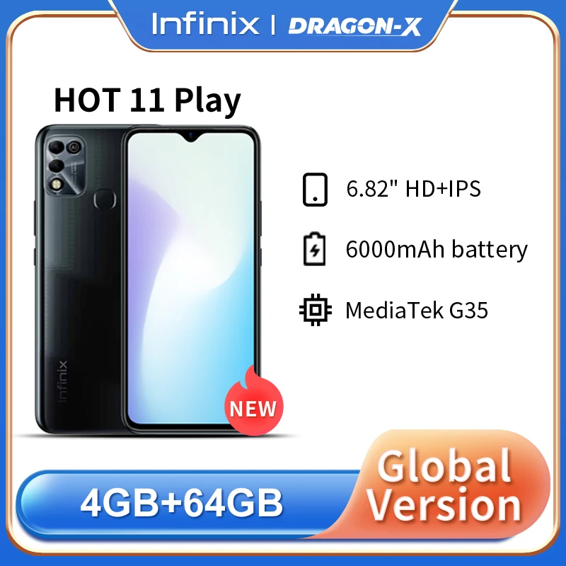

Infinix HOT 11 Play Smartphone 4+64GB 6.82" HD+ IPS 6000 mAh 13 MP dual camera 3D design Russian warranty