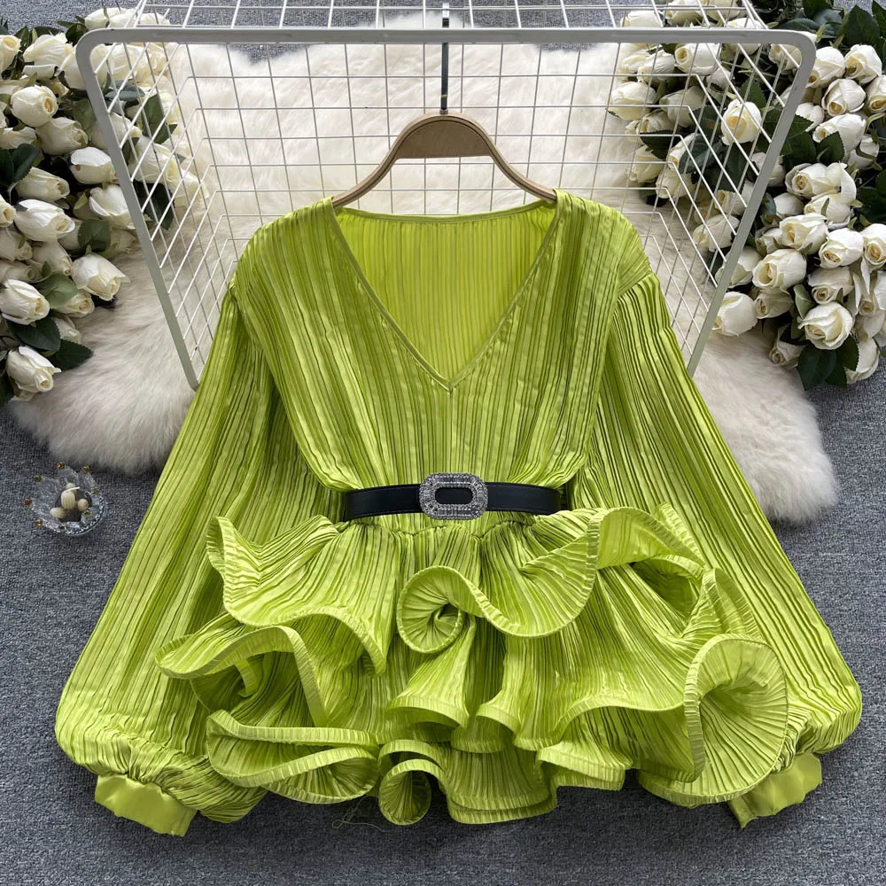 

Satin Pleated Long Sleeve Temperament Loose Top Ruffled Lantern Sleeve Small V-Neck Shirt