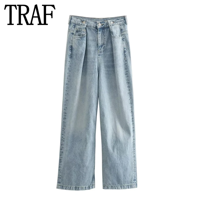 TRAF 2023 Blue Jeans Wide Leg Pants For Women Mid-Waist Denim Trousers Women Streetwear Baggy Pants Woman Fashion Summer Pants