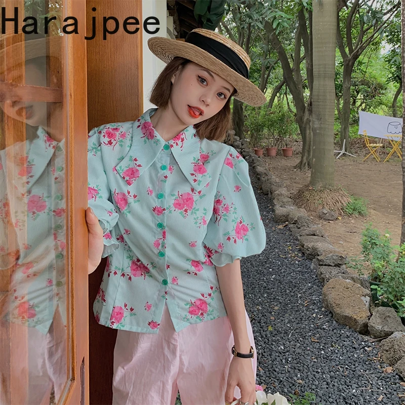 

Harajpee Printing Shirt Puff Sleeve Turn-down Collar Korean Chic Floral Fresh Sweet Blouse Spring Summer New 2022 Women Tops