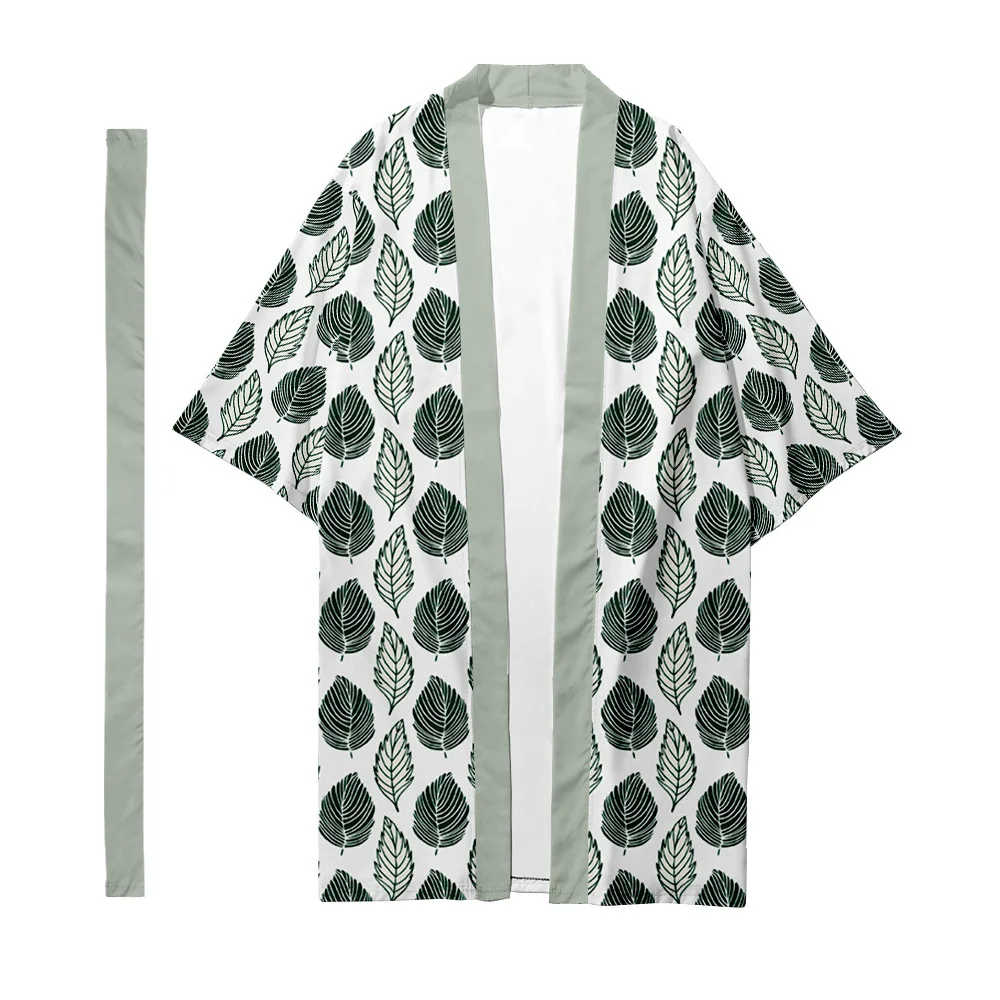 

Men's Japanese traditional ethnic long kimono cardigan women's kimono plant leaf pattern kimono shirt yukata jacket 04