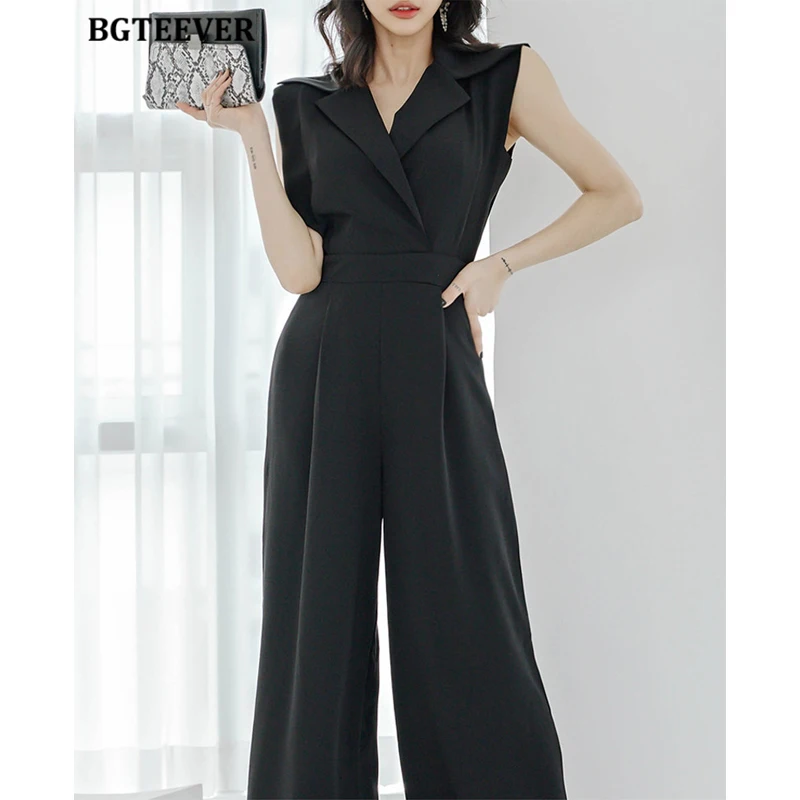 

Модный женский комбинезон BGTEEVER без рукавов, летний женский комбинезон с английским воротником, летние элегантные женские комбинезоны с широкими штанинами