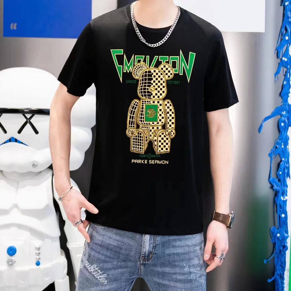 

2022 Bear Gilding T Shirts Men Fashion Streetwear Diamonds Summer Clothing Slim Cotton O Neck Short Sleeve T-shirts Man Tops