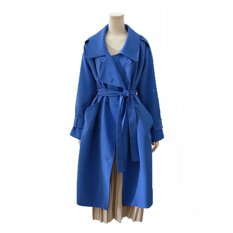 

Autumn New Brand Women Klein Blue Trench Coat Long Windbreaker Lady Fashion Trend Double-Breasted Slim Long New Female Trench