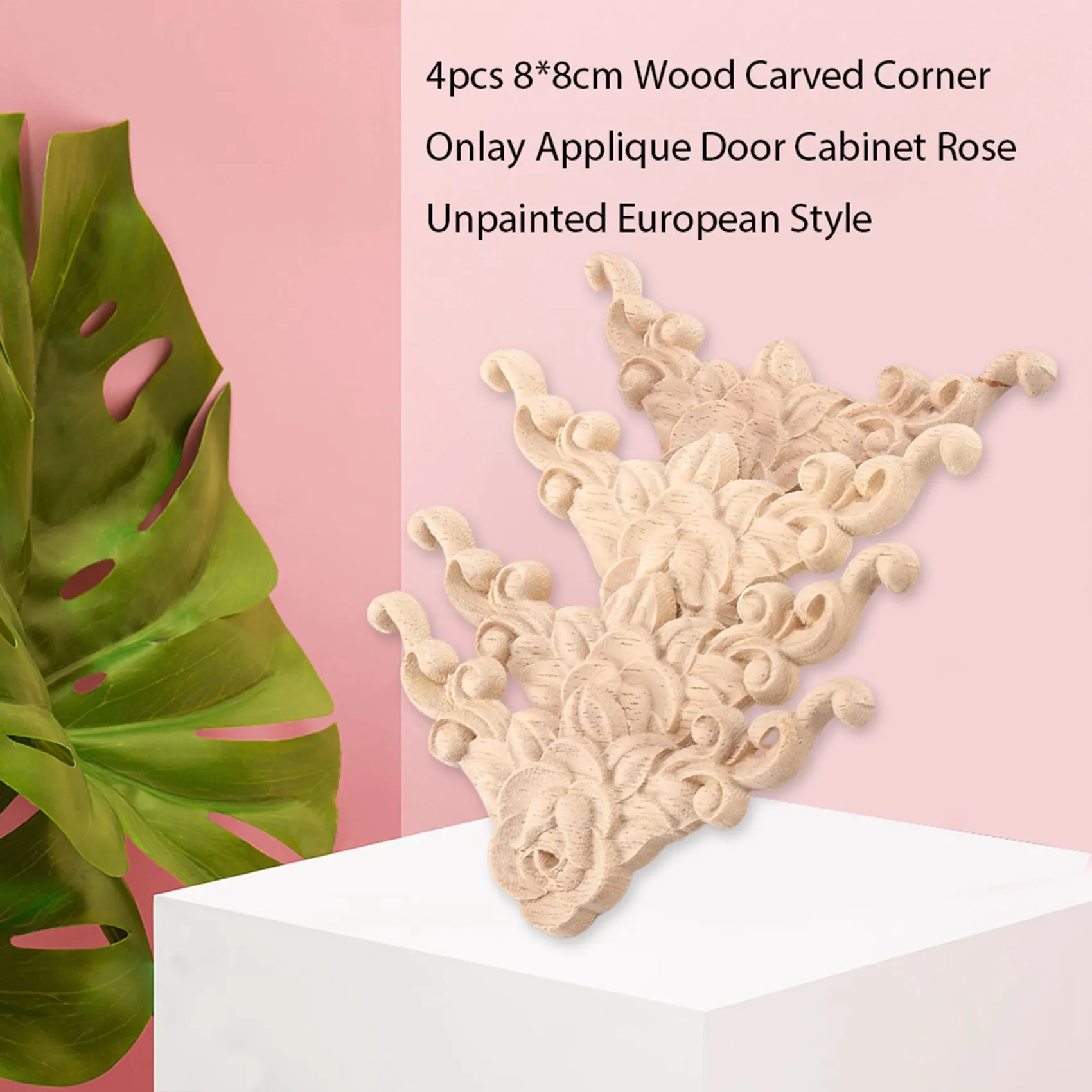 Деревянная резная угловая аппликация для дверного шкафа 4 шт. 8*8 см Неокрашенная
