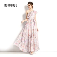 2022summer high quality maxi dress for women elegant chiffon casual ankle length asymmetrical sexy sleeveless party floral dress