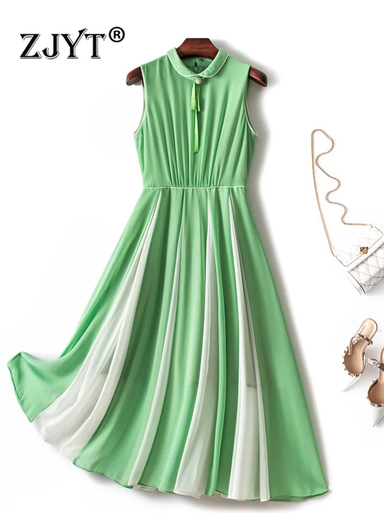 

ZJYT Summer Fashion Sleeveless Midi Chiffon Dress for Women 2022 Elegant Bowknot Color Block Casual Vacation Vestidos Green