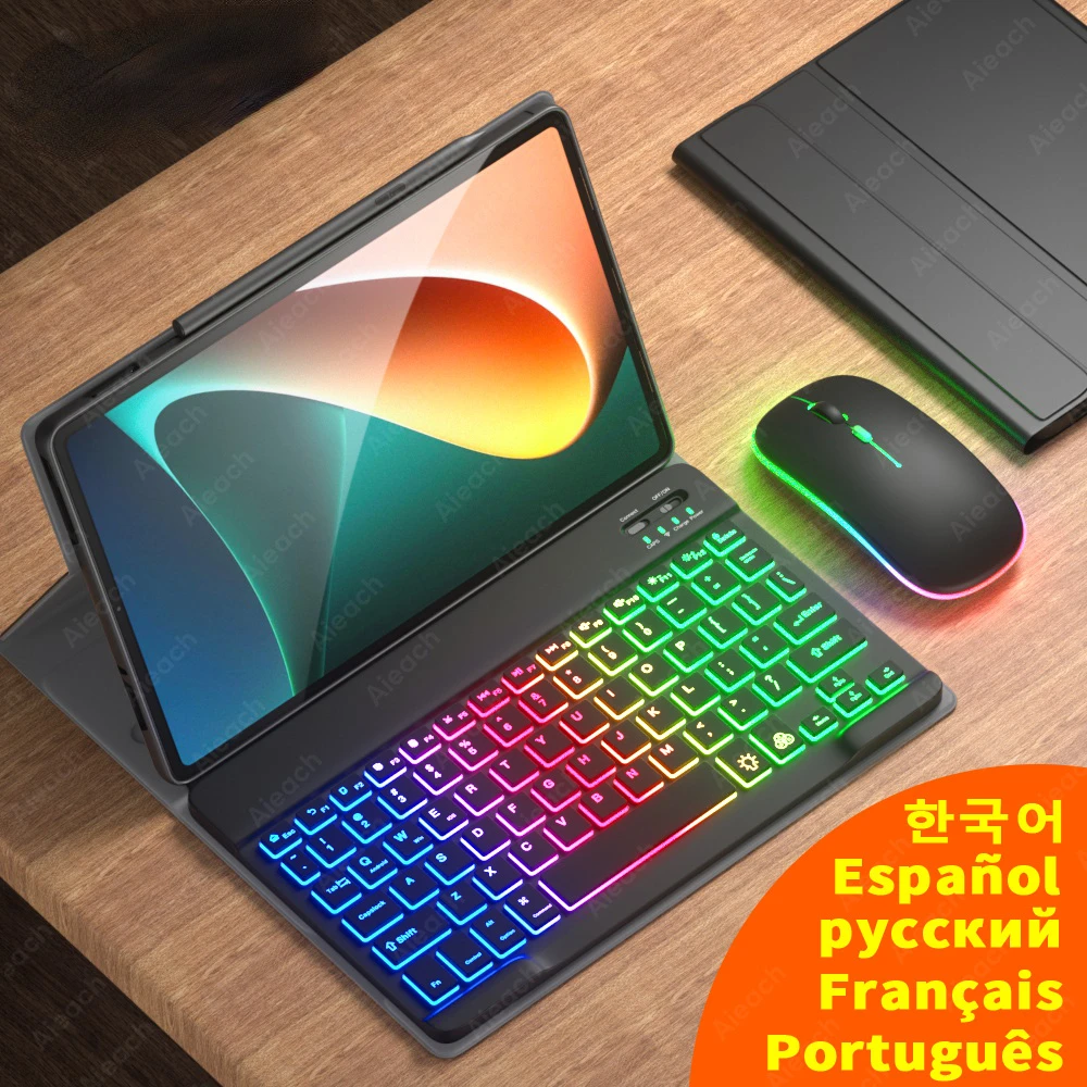 For Xiaomi Pad 5 Case Keyboard Cover For Xiaomi Mi Pad 5 Pro Case 2021 Russian Spanish French Rainbow Bluetooth Keyboard