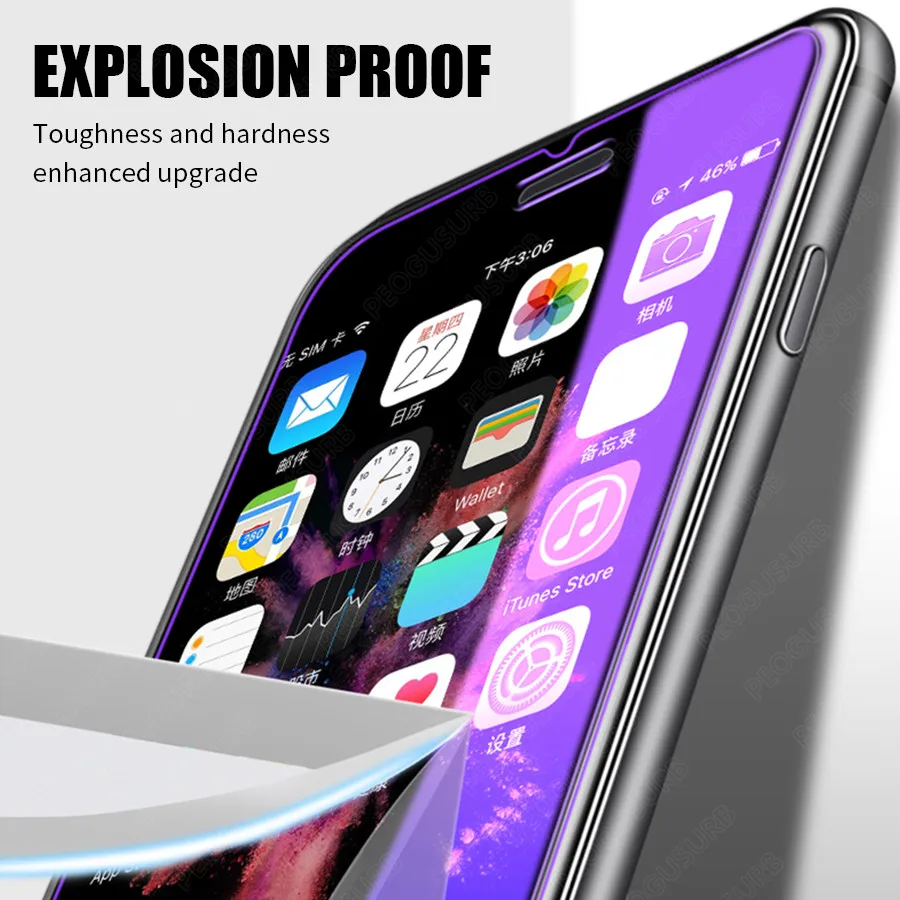 Anti UV Purple Blue Light Fingerprint Tempered Glass For iPhone 14 13 12 11 Pro XS Max XR X 8 7 6 6s Plus Screen Protector Film