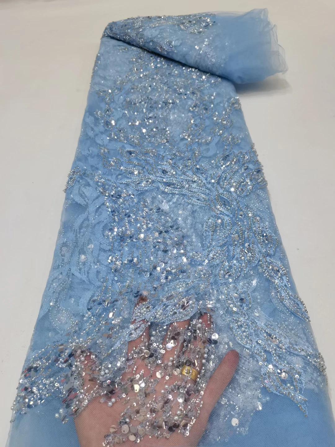 

Africa Embroidery Beaded Fabric High Quality TC72601 Luxury 2022 Tulle Net Lace with SEquins Evening Or Party Dress