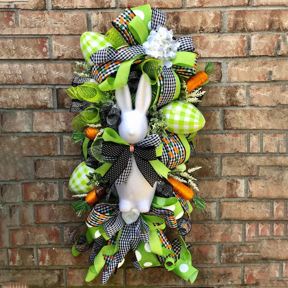 

Easter wreath rabbit black and white check silk scarf mesh carrot decoration door wall Pendant