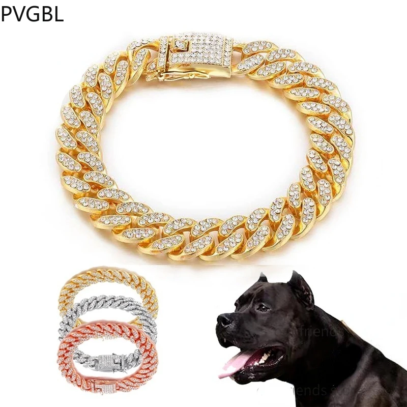 

Pet Dog Cat Chain Collar Jewelry Metal Material with Diamond 12.5mm Width Collar Pitbull Personalised Dogs Collars Accessories