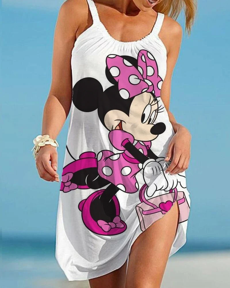 Hot Sale Women's Beach Dress Sleeveless Elegant Dress Cartoon Loose Sling Minnie Mouse Sexy Women's Disney Print New Nightdress