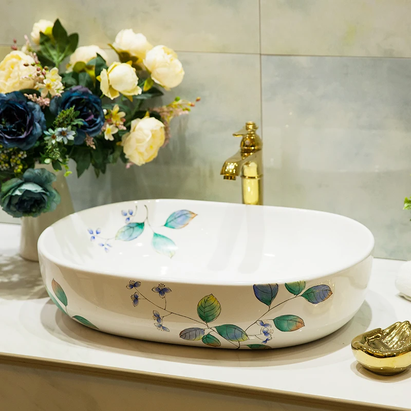 

Сукцинатная ручная роспись зеленых листьев чистая и свежая Скандинавская мойка для ванной комнаты