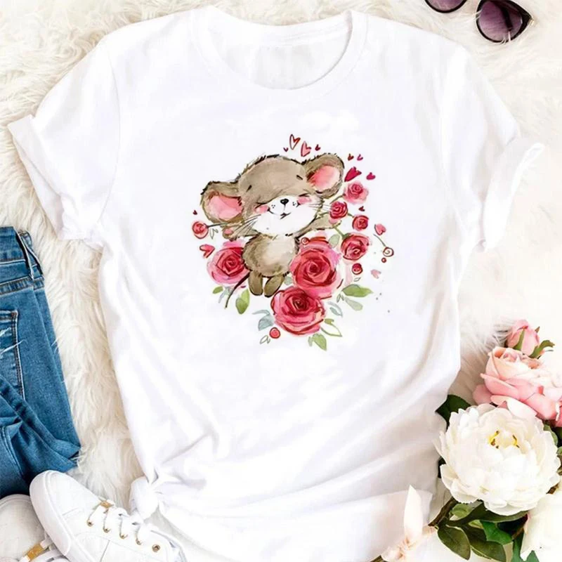 

Female T-shirt Cartoon Little Mouse Print Pattern Short Sleeve Ladies Outdoor Aesthetic White T-shirt Girls Casual Fashion Top T