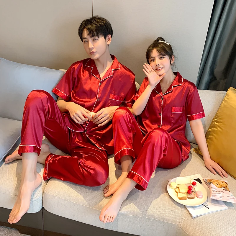 CAIYIER Spring Summer Couple Pajamas Set Cardigan Short Sleeve Trousers Sleepwear Women & Men Nightwear Solid Color Loungewear